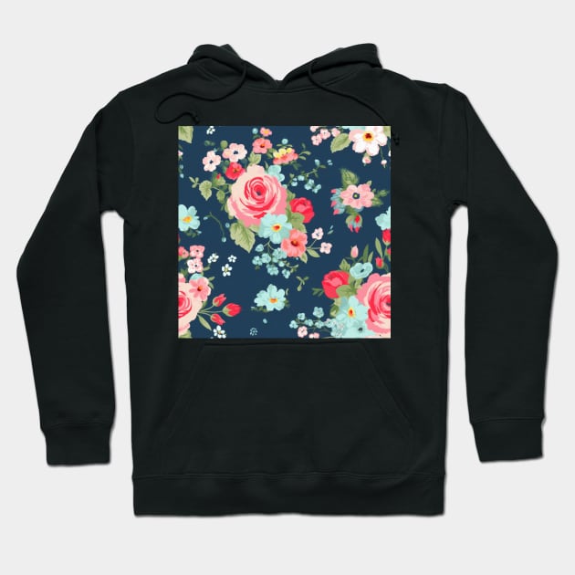 Pink Girly Floral Flowers, Pretty Feminine Pattern on Blue Background Hoodie by VintageFlorals